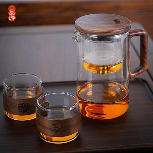 飘逸杯泡茶壶一键过滤胡桃木耐高温全玻璃内胆茶水分离杯高档茶具