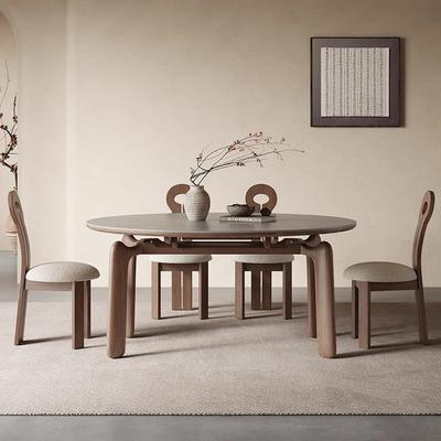 复古大象脚实木伸缩岩板餐桌可变圆桌小户型白蜡木可岩板台面饭桌