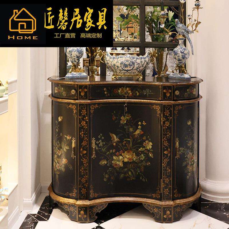 法式中国风复古藏蓝色奢华描金手绘大牌玄关柜别墅门厅柜家具