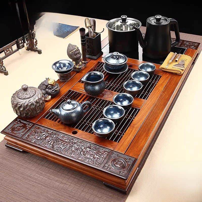 功夫茶具套装家用全自动一体烧水黑檀木实木茶盘原木轻奢高档雾化
