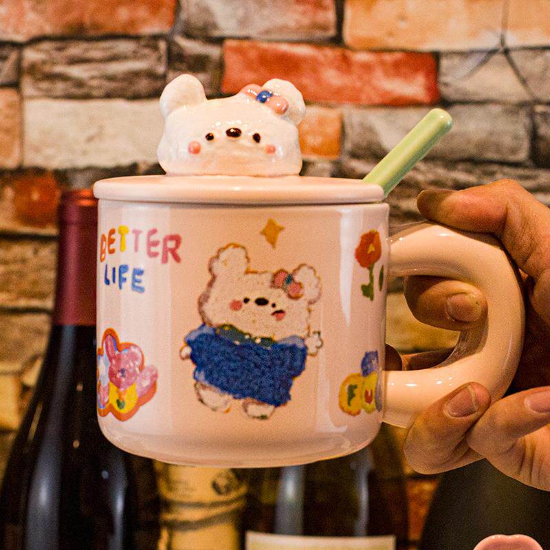 新款直销马克杯可爱女生带盖勺陶瓷水杯高颜值卡通早餐牛奶杯礼物
