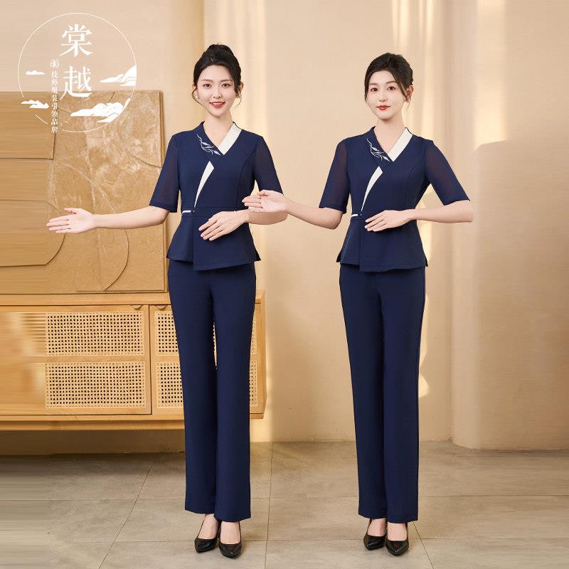 棠越春夏新款足疗技师工作服套装女高端按摩养生会所足浴短袖工衣