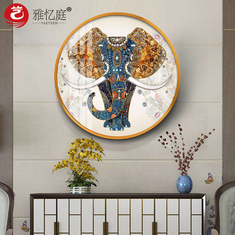 大象圆形装饰画走廊尽头玄关挂画北欧轻奢客厅壁画餐厅晶瓷画墙图片