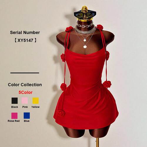 Womens Backless Rose Decorated Bodycon Short Dress Sexy