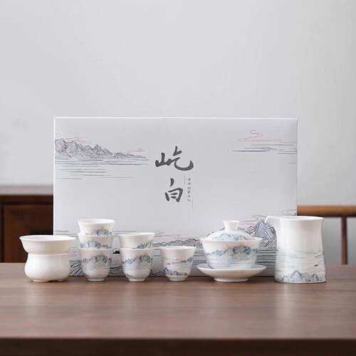 九匠风德化白瓷茶具套装中式功夫陶瓷盖碗创意礼品国风茶杯