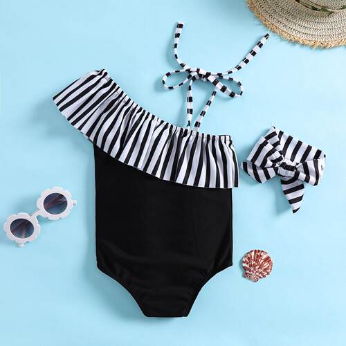 Children's swimsuit, single shoulder striped print, girls'