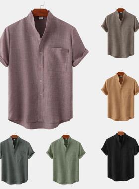 Men's short sleeved cotton linen men's shirt