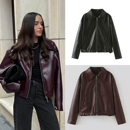 Women's square collar leather jacket jacket