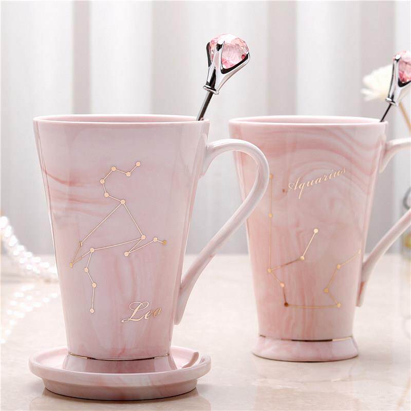 少女心十二星座陶瓷杯可爱女学生家用喝水杯子带盖子勺个性咖啡杯