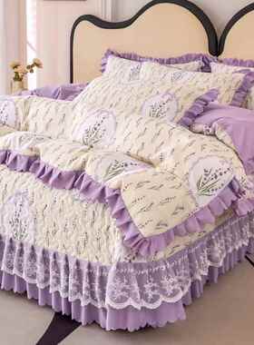 季通用四件夹棉床盖四加厚套防pxx10032滑床单三件套蕾件丝花边床