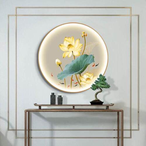 圆形带灯装饰画新中式荷花壁画饭厅茶室卧室走廊玄关挂画入户墙画
