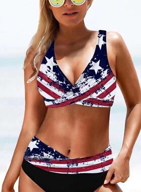 Women'S 2Pcs Star & Flag Print Lace Up Wrap Bikini Set,