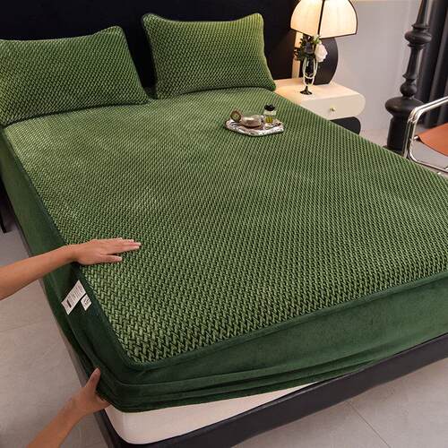 A类冬天色织提花牛奶绒床笠加厚法兰绒榻榻米床罩防滑床套可拆卸