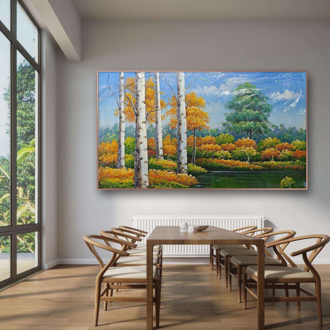 纯手绘油画树木风景街景森系餐厅卧室挂画玄关过道高级复古壁画