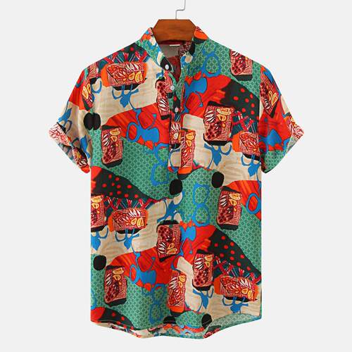Hawaiian Shirt Men Half Placket Collar Beach Shirt Vacation