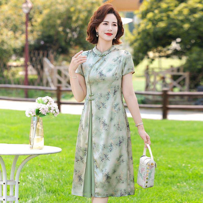 妈妈夏装真丝洋装端庄大气新款中老年女气质改良旗袍裙子母亲节