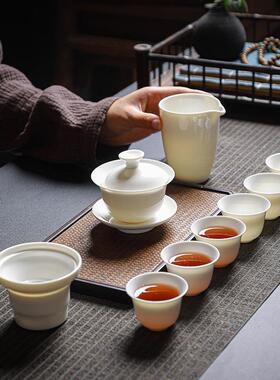 黄色家用德化玉瓷茶具套组盖碗纯色白玉功夫礼品整套礼盒定制logo