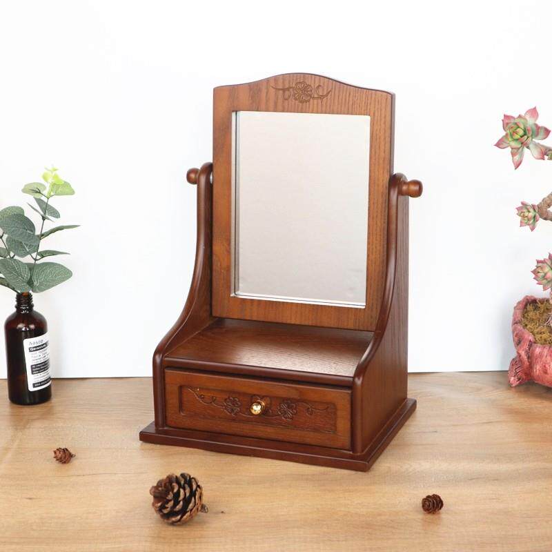 木质桌面化妆镜学生宿舍女收纳盒一体台式覆古化妆镜收纳台面镜子