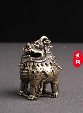 纯黄铜复古做旧甪端踏蛇神兽香熏炉居家中国风古玩摆件招财工艺品