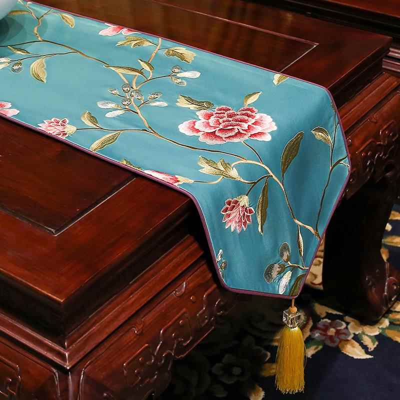 高档新中式风绣中国禅意桌视旗古典桌布客刺厅餐桌电柜茶几布艺床