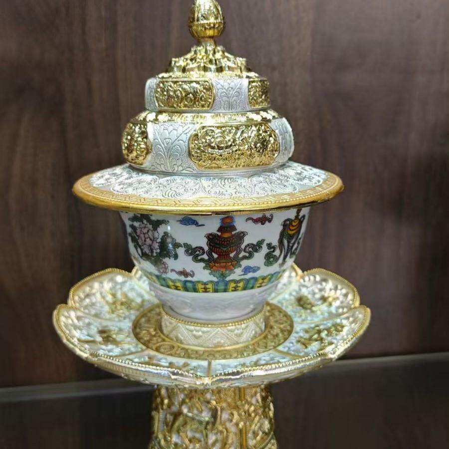 藏式合金家用贡盘供奉吉祥八宝茶架茶杯座上师喝茶碗盖套装