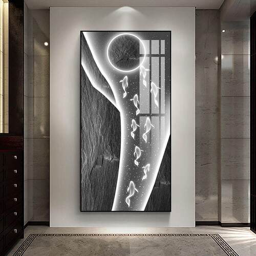 轻奢九鱼围月游图挂画新中式走廊装饰画现代简约客厅玄关过道壁画