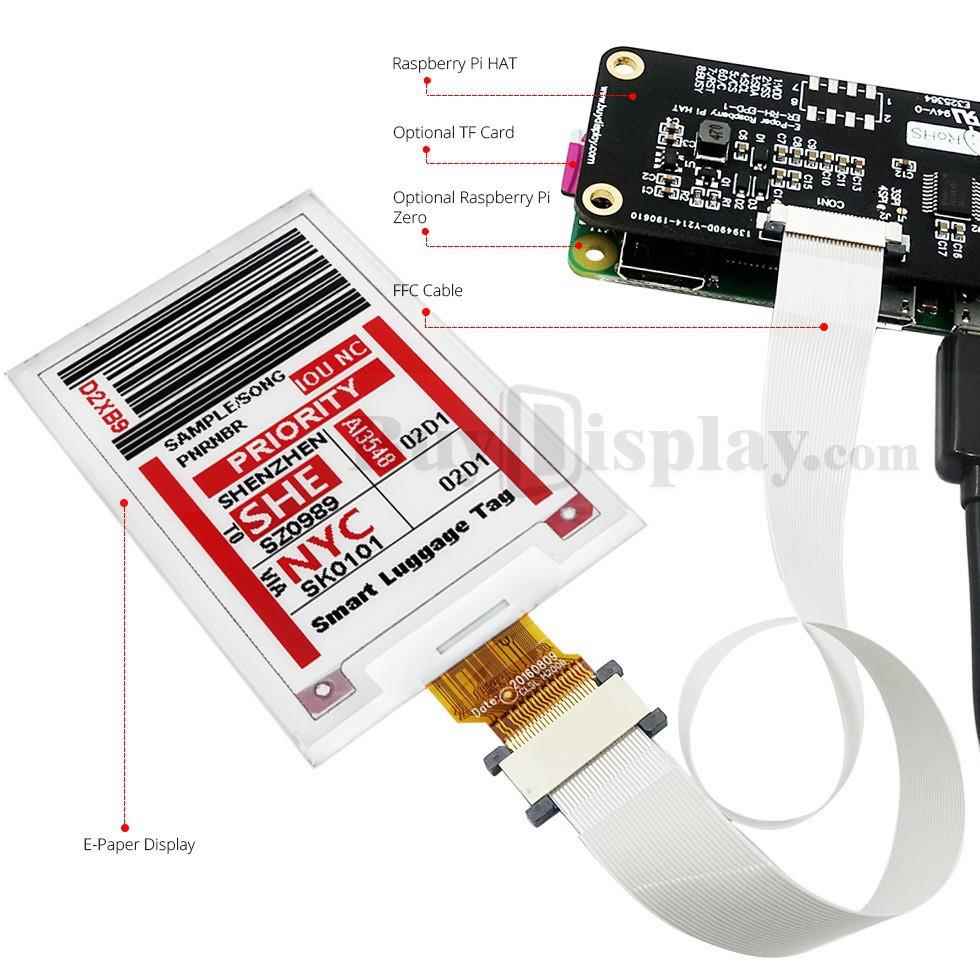2.7寸264x176分辨率电子纸/配套树莓派转接板/白底红黑双色字
