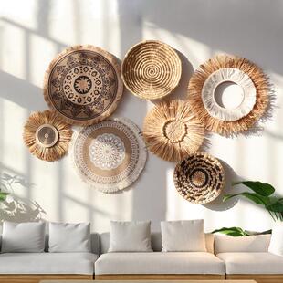 波西米亚手工草编织圆形藤编壁饰遮丑挂件民宿墙壁上墙面装饰挂饰