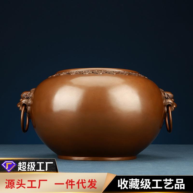 铜欣祥紫铜如意狮首缸摆件家居办公室桌面聚宝盆铜缸工艺品