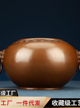 铜欣祥紫铜如意狮首缸摆件家居办公室桌面聚宝盆铜缸工艺品