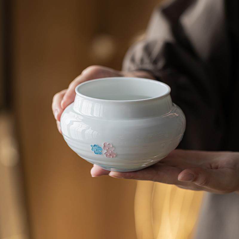 明泉茶斋手绘清新小花纹韵建水茶渣缸陶瓷水盂废水桶杯洗茶道零配