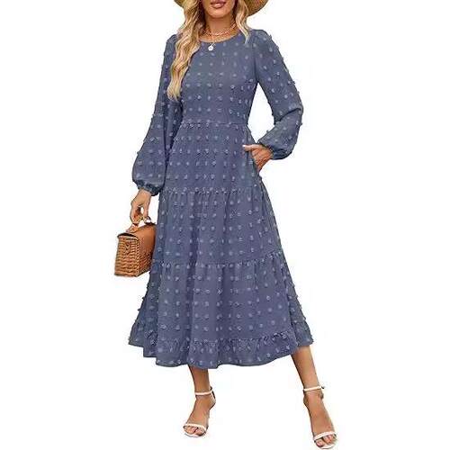 Women'S Fall Spring Elegant Long Sleeve Maxi Dress Swiss Dot