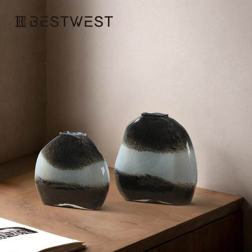 Best west 黑白条纹渐变玻璃花瓶摆件 高档家居样板间软装饰品花