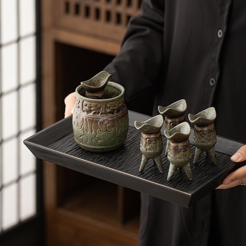 仿古窑变青野温酒器套装茶杯酒壶家用中式粗陶暖酒套组茶具配件