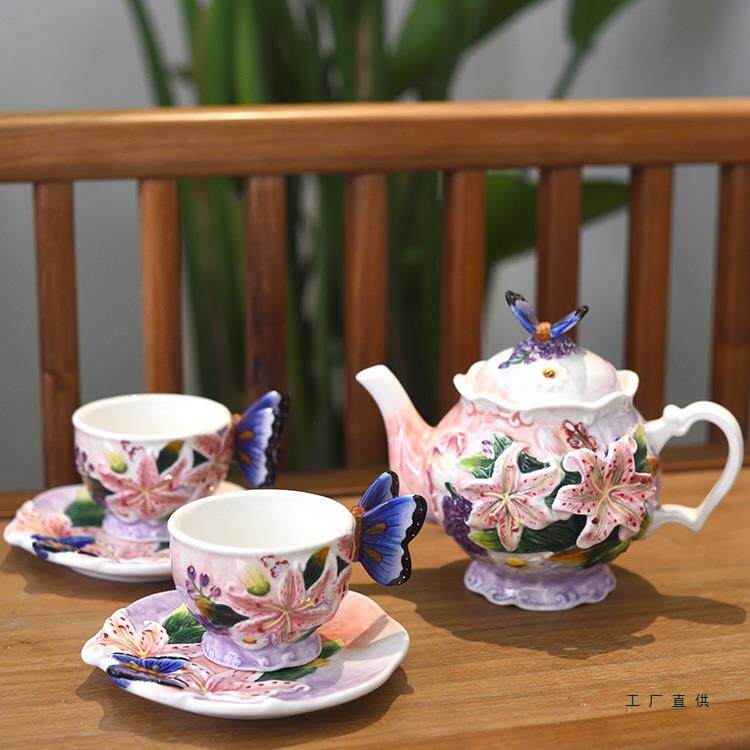 百合花杯盘组套餐茶壶摆件创意家居庭院浪漫花茶壶家用下午茶