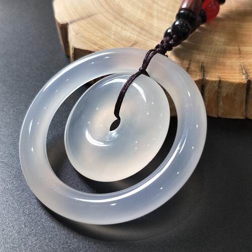 玉器工艺品 子母环平安扣吊坠 白玉髓子母扣挂坠白玛瑙平安扣