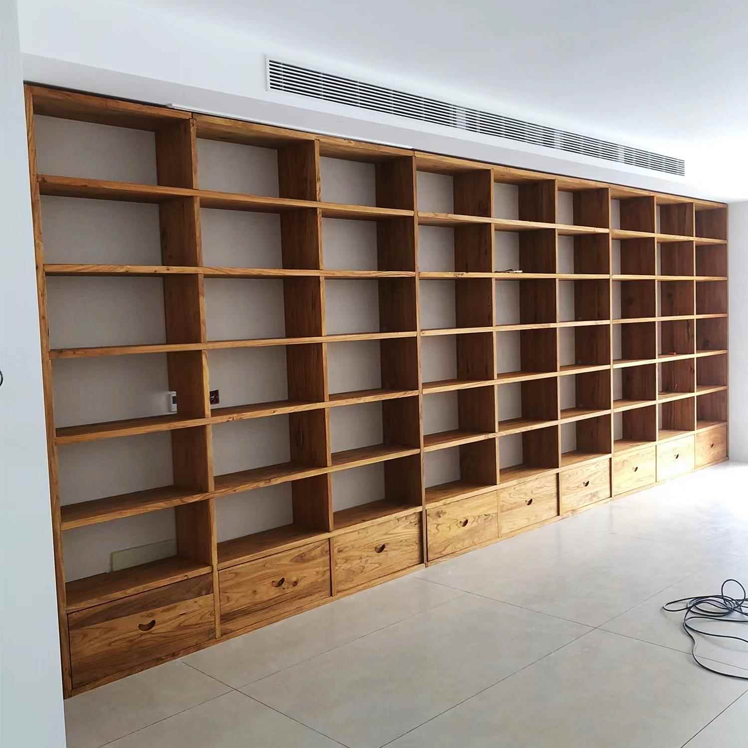 定制老榆木书架书柜满墙落地书架实木格子架展示柜简约经济型原木