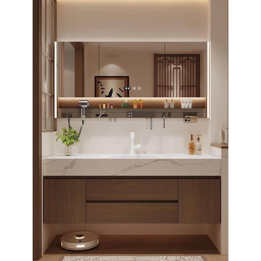 胡桃色岩板浴室柜极简实木洗漱台定制热弯一体洗手盆洗脸池柜组合