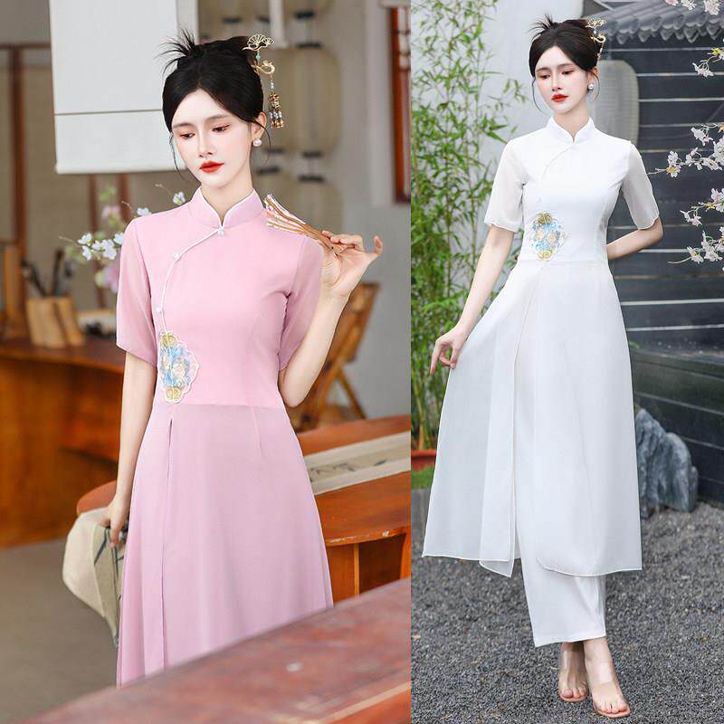 新中式国风复古雪纺连衣裙裤养生工作服气质套装保健采耳师服装女