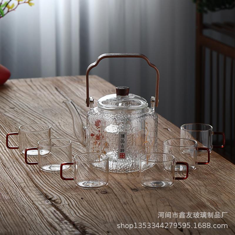 高硼硅玻璃茶壶家用竹把提梁壶玻锤纹蒸煮过滤煮茶器耐高温茶具