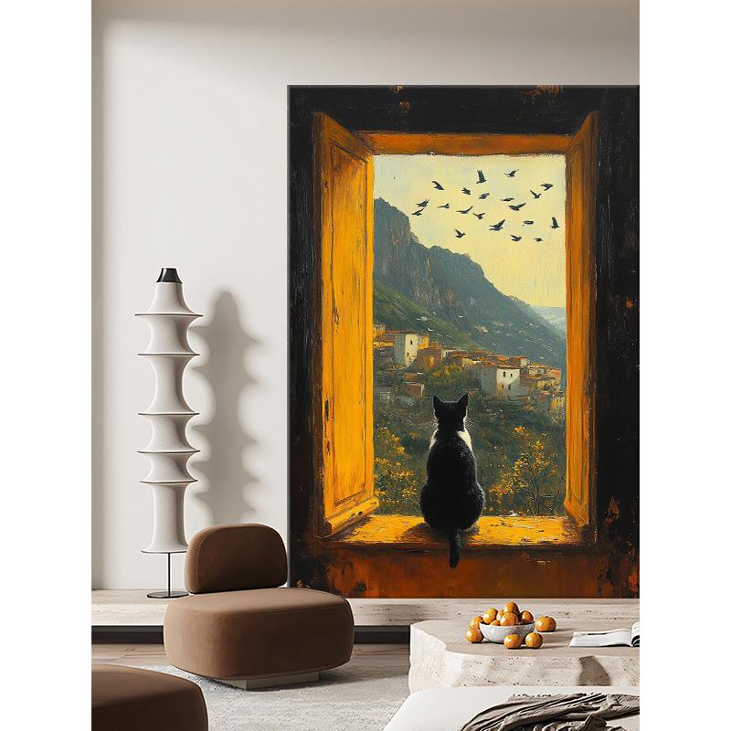 窗台的猫覆古客厅风景装饰画纯手绘油画美式玄关挂画现代简约壁画