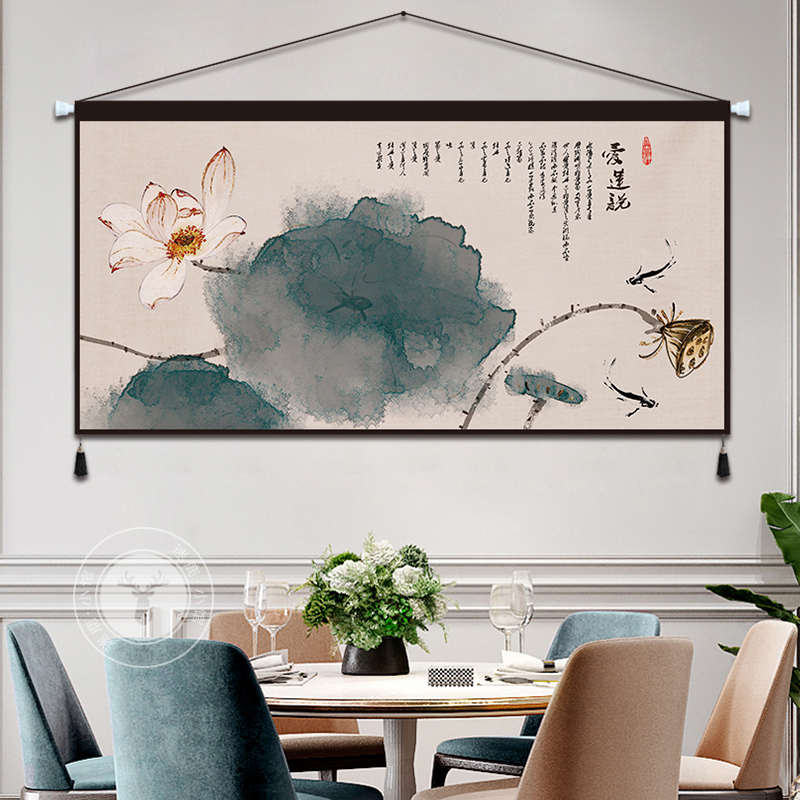 中式禅意荷花布艺挂画客厅沙发背景布卧室床头装饰挂毯电表箱遮挡图片