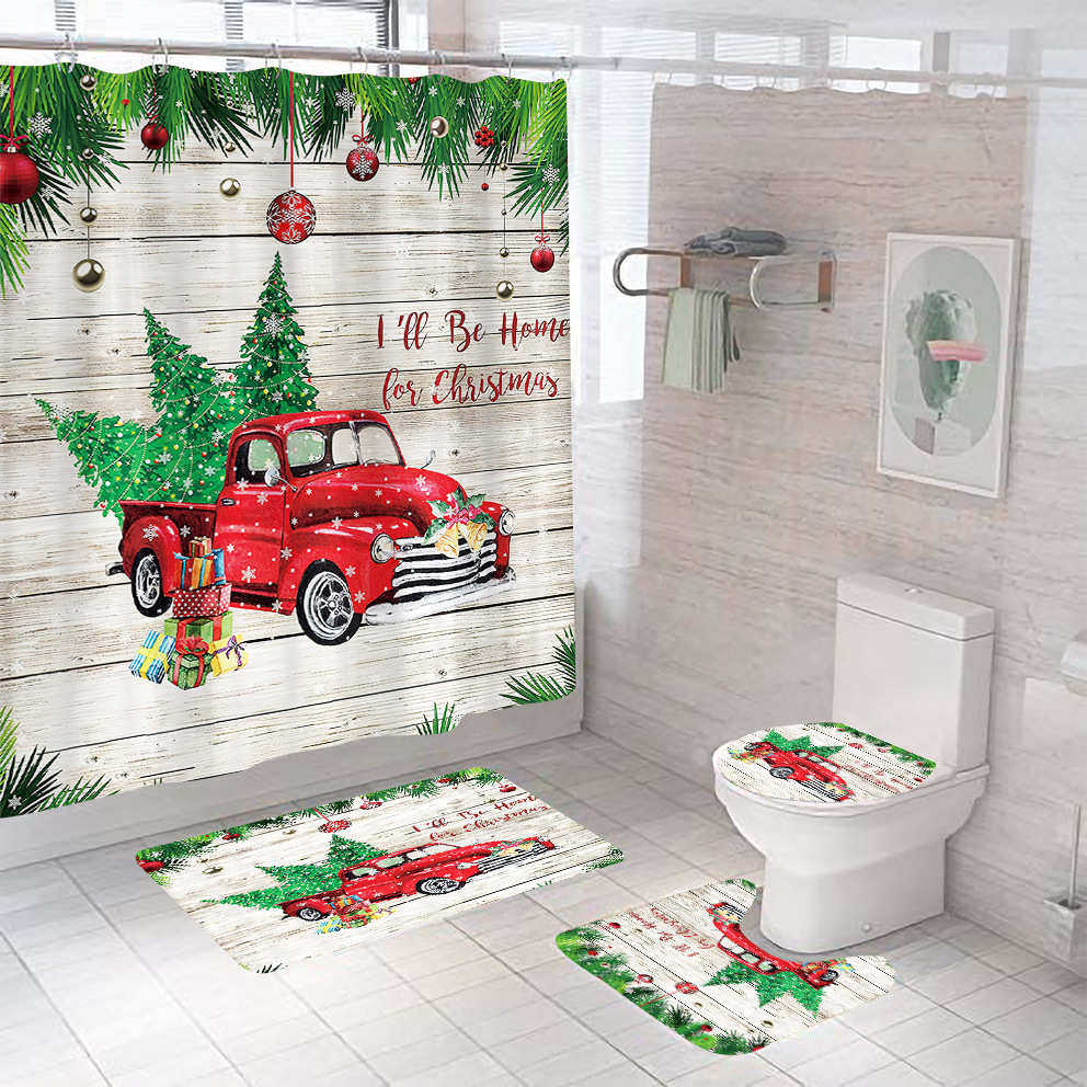 浴室帘涤纶防水浴帘套装3d印花浴帘卫生间圣诞节汽车浴室四件套