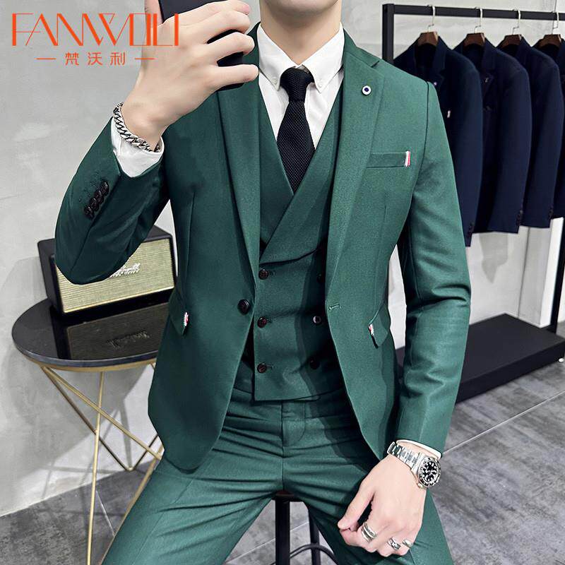 梵沃利墨绿色西服套装男高档礼服双排扣马甲休闲修身西装三件套潮