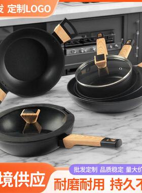 铸铁王加厚无涂层锅玻璃盖铸铁锅可定。制打标36cm家用木柄双耳炒