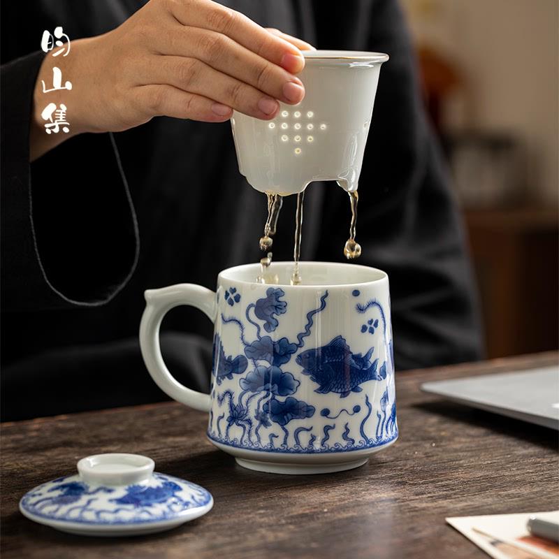 茶杯茶水分离杯子手绘青花办公室陶瓷高档个人专用过滤水杯泡茶杯