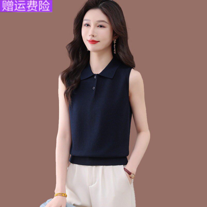 夏装翻领无袖上衣宽松背心女2025新款洋派小个子薄款冰丝针织半袖
