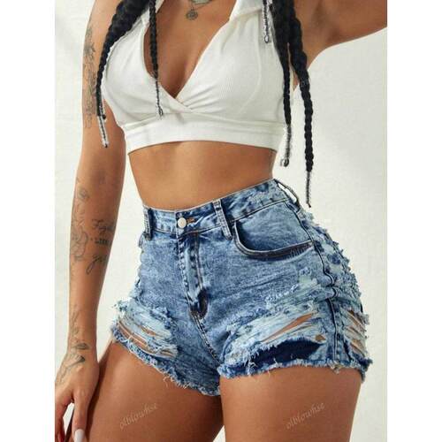 U 43474 Plus Size Ripped Denim Shorts 大码破洞腰牛仔短裤