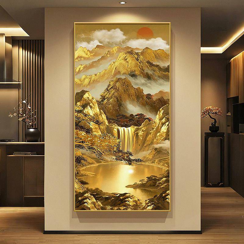 日出东方入户玄关装饰画宋代美学金山走廊挂画流水生财茶室壁画灯