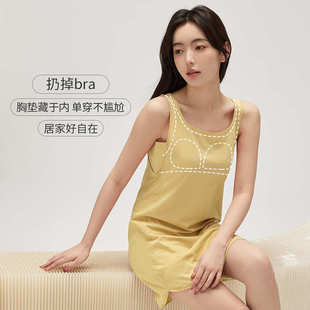 薄款 带胸垫睡裙夏季 透气全棉背心纯棉家居服少女夏天连体睡衣女夏